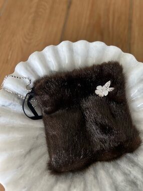 Plush Faux Brown Fur Wristlet Pouch with Crystal Design